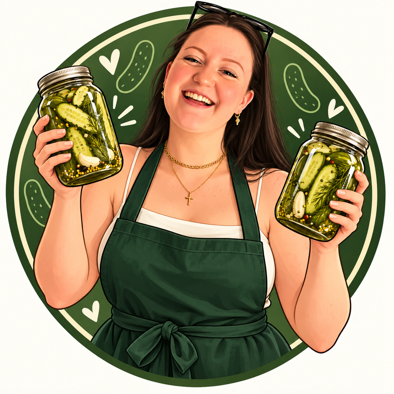 Illustration of Sara holding two jars of her pickles